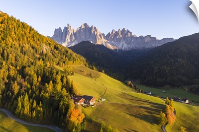Aerial view of Funes valley at sunset, Dolomites, Italy