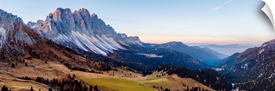 Aerial view of Odle peaks (Geisler gruppe) at sunrise, Funes valley, Dolomites, Italy