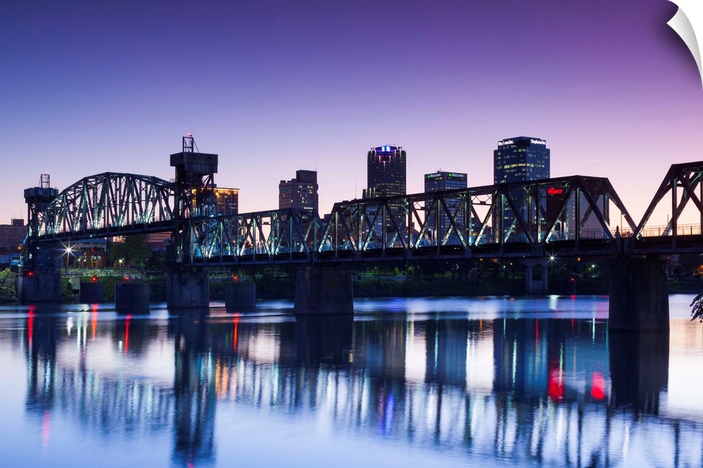 USA, Arkansas, Little Rock, city skyline from the Arkansas River, dusk
