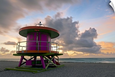 Art Deco style Lifeguard hut on South Beach, Ocean Drive, Miami Beach, Miami, Florida