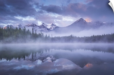 Atmospheric Misty Sunrise, Banff National Park In The Canadian Rockies, Alberta, Canada