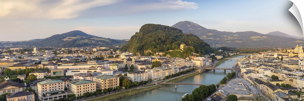 Austria, Salzburg, View of Salzach River  The Old City to the right and the New City to the left