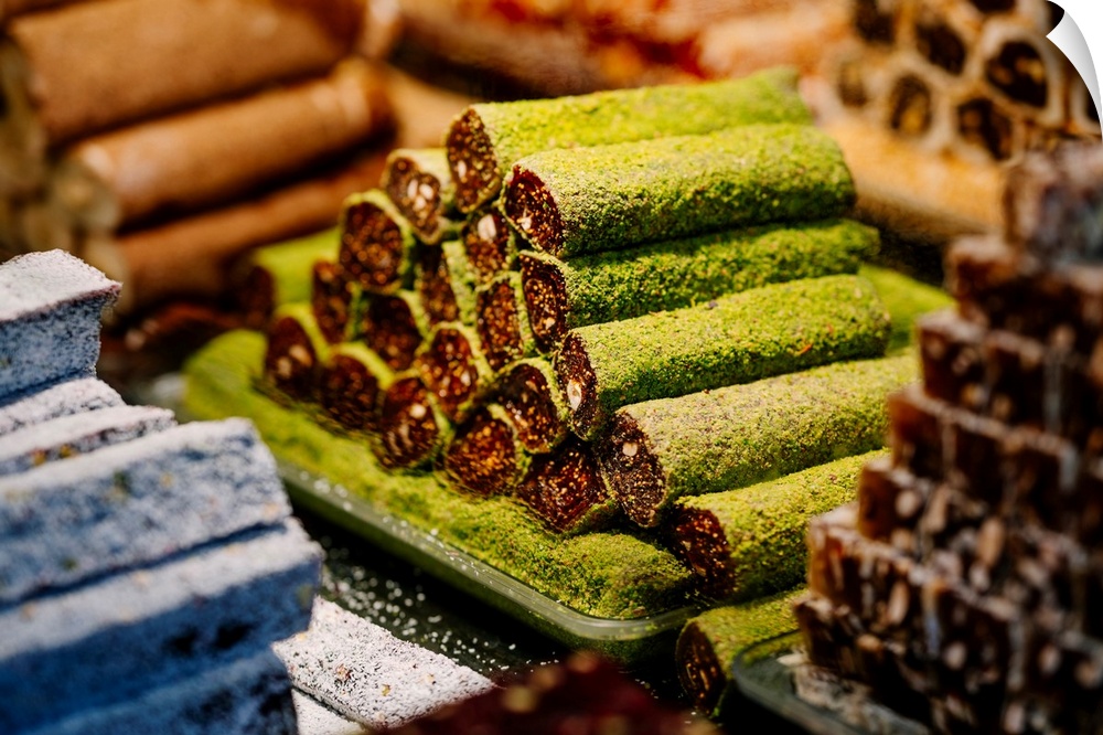 Baklava in a roll, typical oriental sweet pastry in bazaar at historical centre of Istanbul, listed as World Heritage by U...