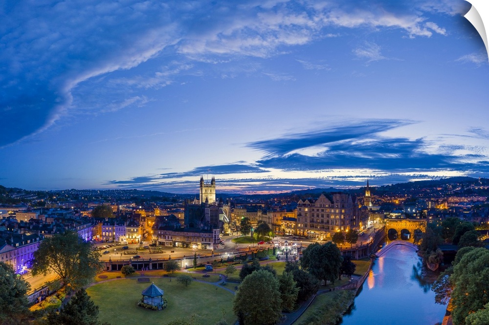 Bath city center and River Avon, Somerset, England.