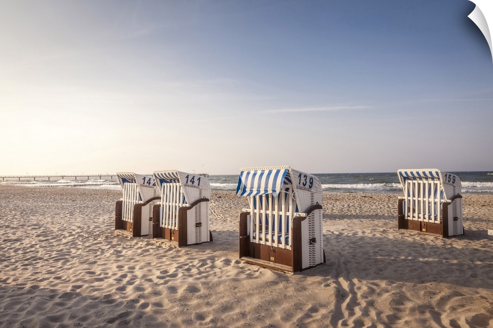 Beach chairs in winter in Kuehlungsborn, Mecklenburg-West Pomerania, Baltic Sea, North Germany, Germany.