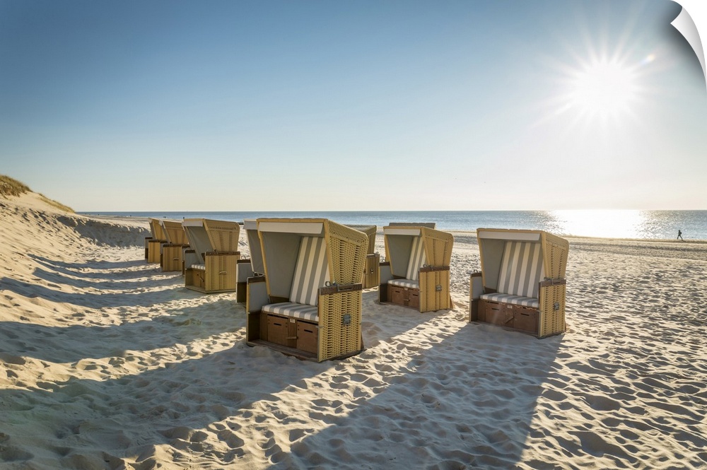 Beach chairs on the west beach of Wenningstedt, Sylt, Schleswig-Holstein, Germany.