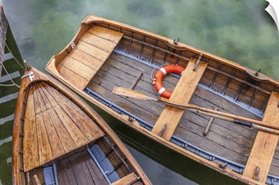 Beautiful Old Wooden Rowing Boats On Lake Braies, South Tyrol, Italy