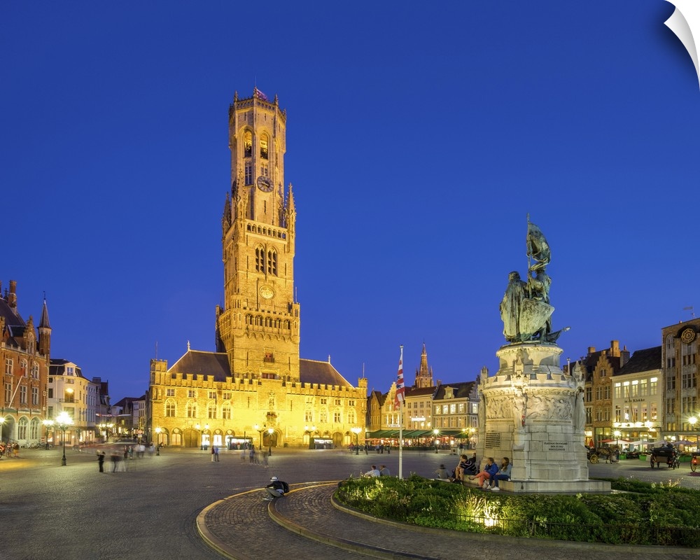 Belgium, West Flanders (Vlaanderen), Bruges (Brugge). Belfort van Brugge belfry tower and Statue of Jan Christopher Breyde...