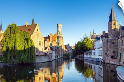 Belgium, Bruges. Belfort van Brugge and medieval buildings on the Dijver canal