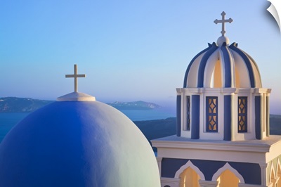 Bell Towers of Orthodox Church overlooking the Caldera in Fira, Santorini, Greece