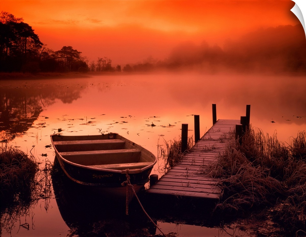 Boat And Jetty At Sunrise With Swan, Elterwater, Lake District National Park, Cumbria, England