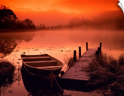 Boat And Jetty At Sunrise With Swan, Elterwater, Lake District National Park, England