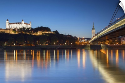 Bratislava Castle, St Martin's Cathedral and New Bridge at dusk, Bratislava, Slovakia