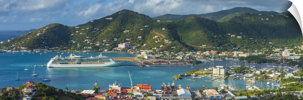 British Virgin Islands, Tortola, Road Town, elevated town view with cruiseship from Free Bottom