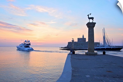 Bronze Doe and Stag Statues At The Entrance Of Mandraki Harbour, Rhodes, Greece
