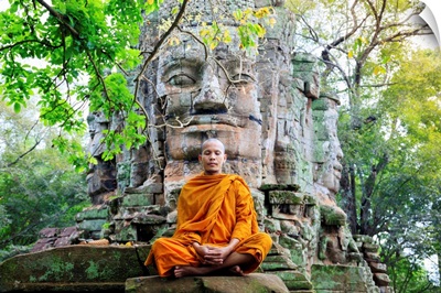 Buddhist Monk In Saffron Robes Meditating, Angkor Temples, Siem Reap, Cambodia