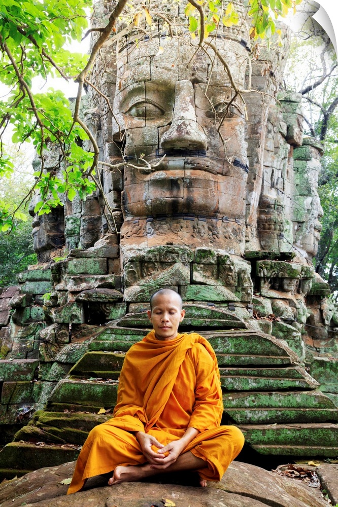 Southeast Asia, Cambodia, Siem Reap, Angkor Temples, Buddhist Monk In Saffron Robes Meditating (MR)