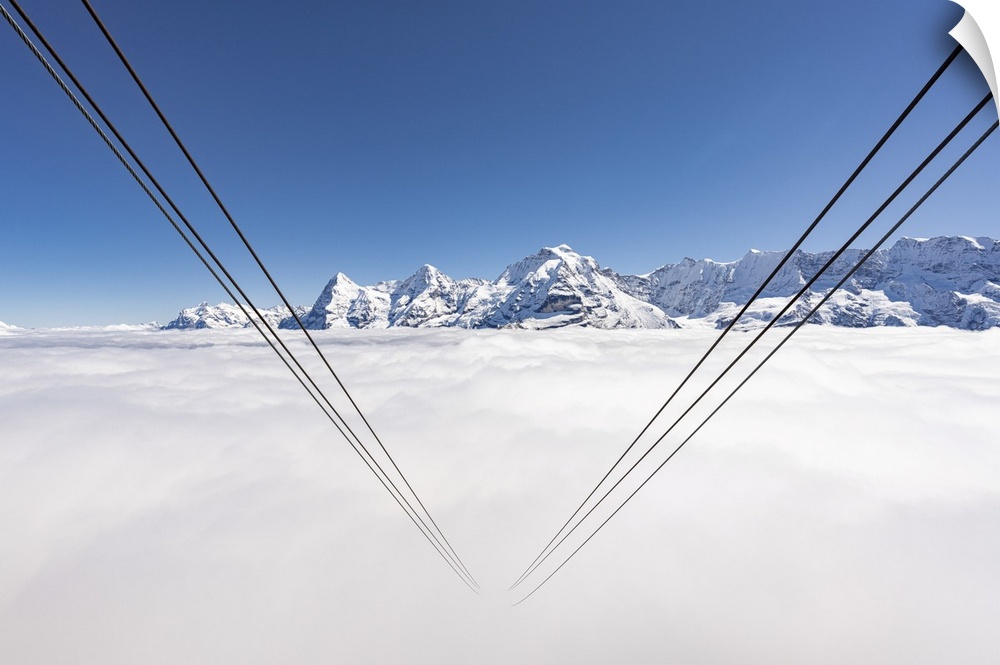 Cableway hidden by fog with Eiger, Monch and Jungfrau, Murren Birg, Berner Oberland, Switzerland