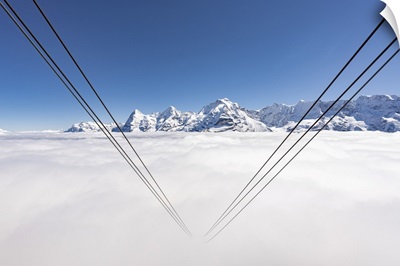 Cableway Hidden By Fog With Eiger, Monch And Jungfrau, Berner Oberland, Switzerland
