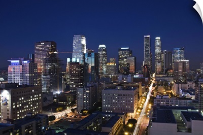 California, Los Angeles, aerial view of downtown from West 11th Street, dusk