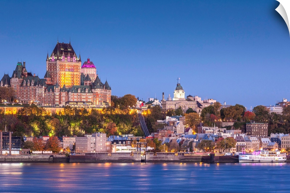 Canada, Quebec, Quebec City, Elevated Skyline With Chateau Frontenac Hotel From Levis, Dawn