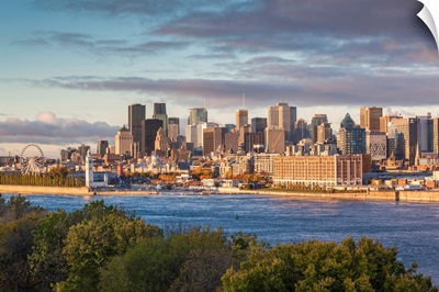 Canada, Quebec, Montreal, Elevated City Skyline From The St. Lawrence River, Dawn