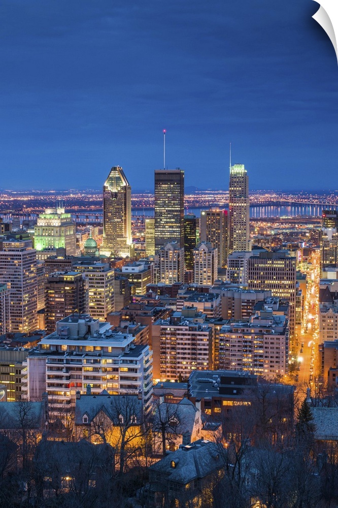 Canada, Quebec, Montreal, Oratory of Saint Joseph, elevated city view from Mount Royal Park, dusk
