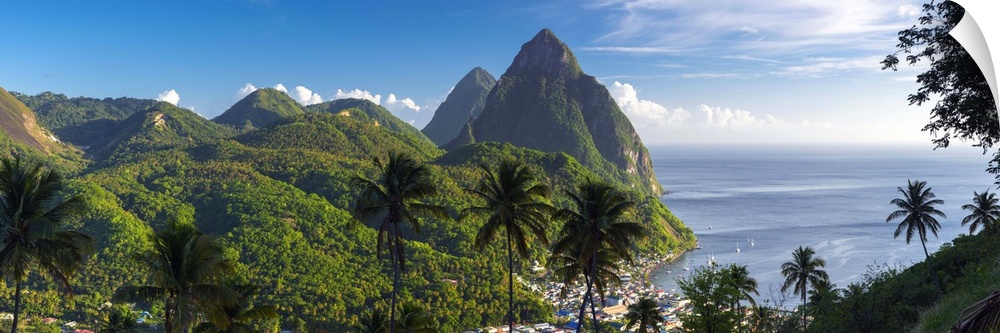 Caribbean, St Lucia, Petit (near) and Gros Piton Mountains (UNESCO World Heritage Site) above town of Soufriere
