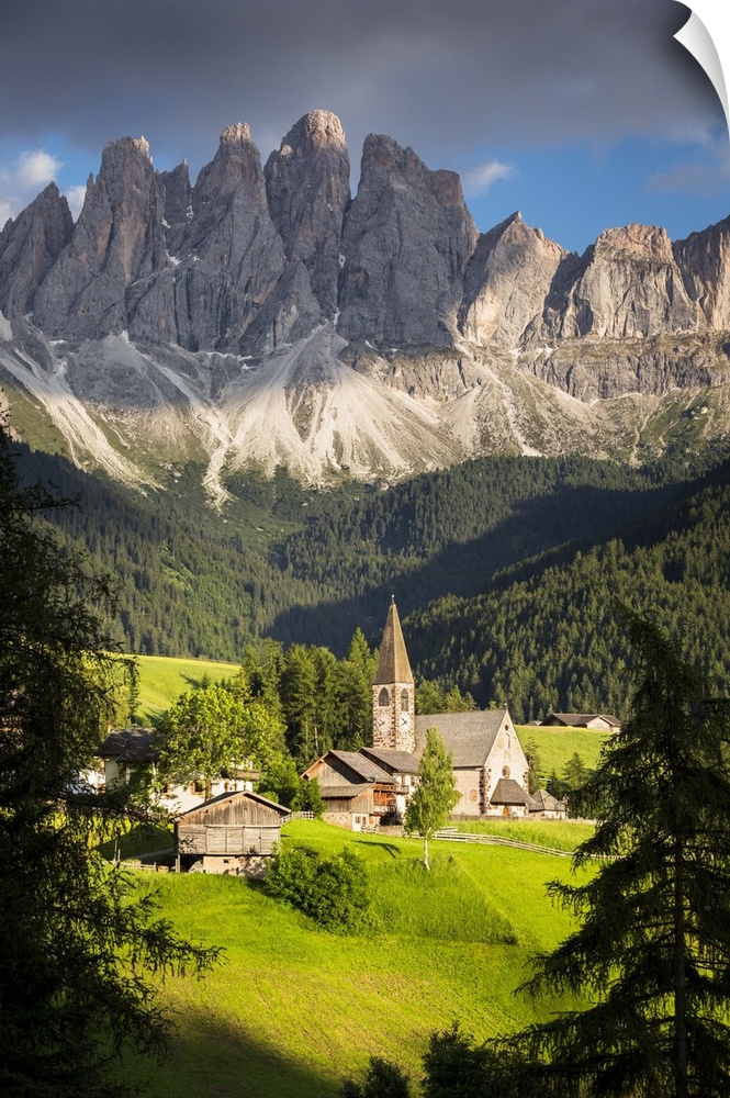the famous church in S. Maddalena in Villnoss with the Geisler in the background, Bolzano province, south Tyrol, Trentino ...