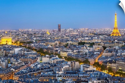 City, Arc de Triomphe and the Eiffel Tower, viewed over rooftops, Paris, France