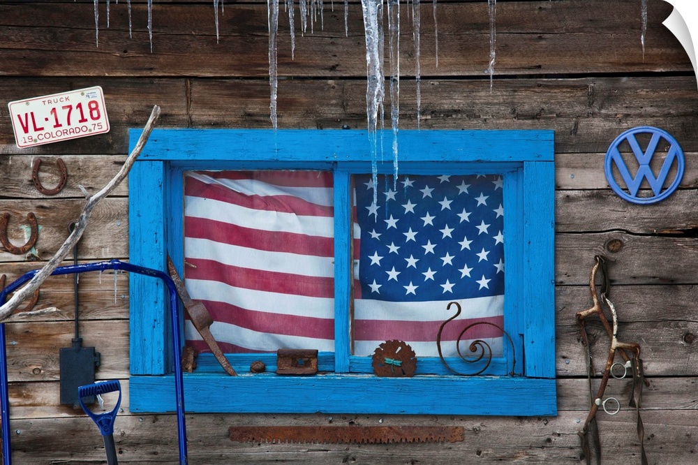USA, Colorado, Telluride, US Flag in window