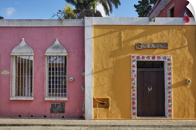 Colorful Colonial Houses On The Calzada De Los Frailes Street, Yucatan, Mexico