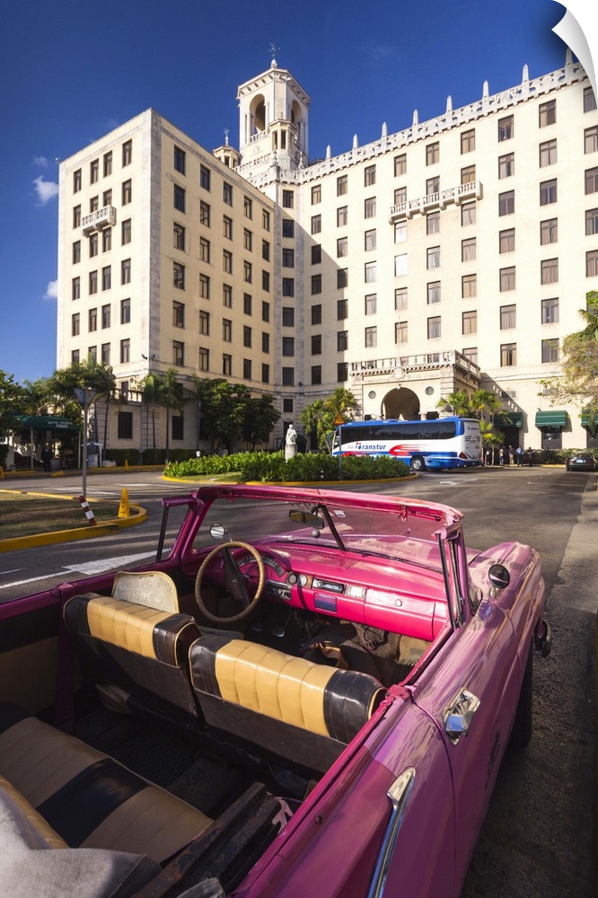 Cuba, Havana, Vedado, Hotel Nacional and 1950s-era US car, late afternoon