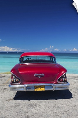 Cuba, Matanzas Province, Varadero, Varadero Beach with 1958 US-made Cheverlot