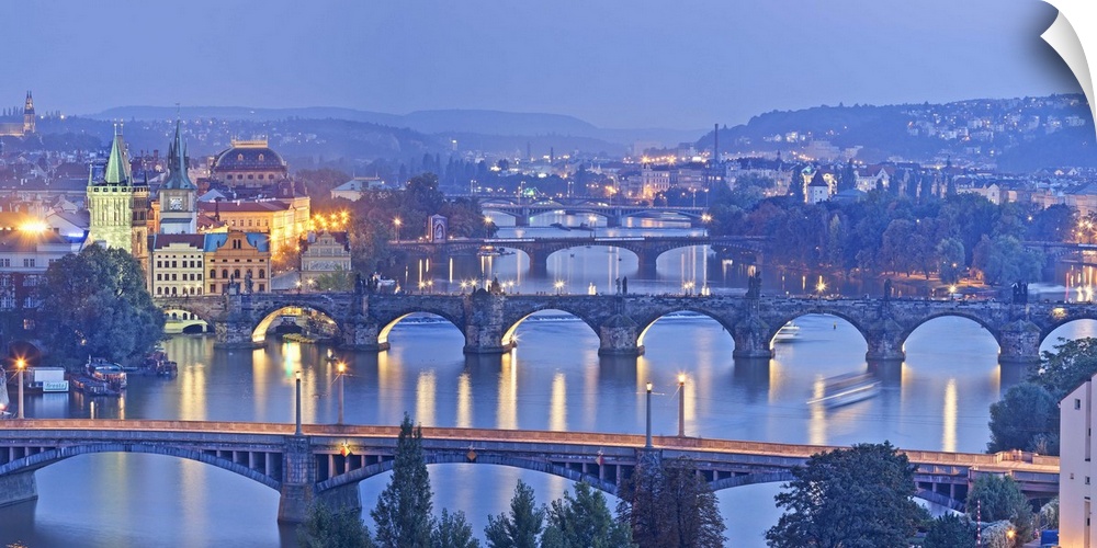 Bridges over the river in Prague, Czech Republic, at night.