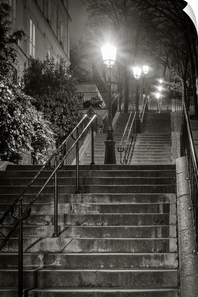 Dark stairs at night, Montmartre, Paris, Ile-de-France, France.