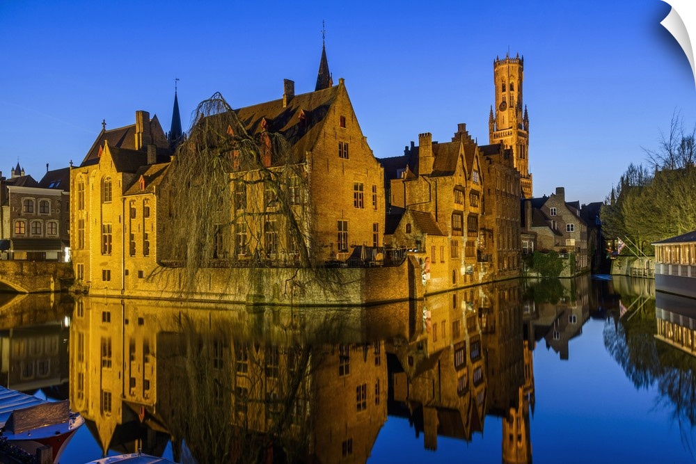 Dijver canal with Belfort medieval tower in the background, Bruges, West Flanders, Belgium