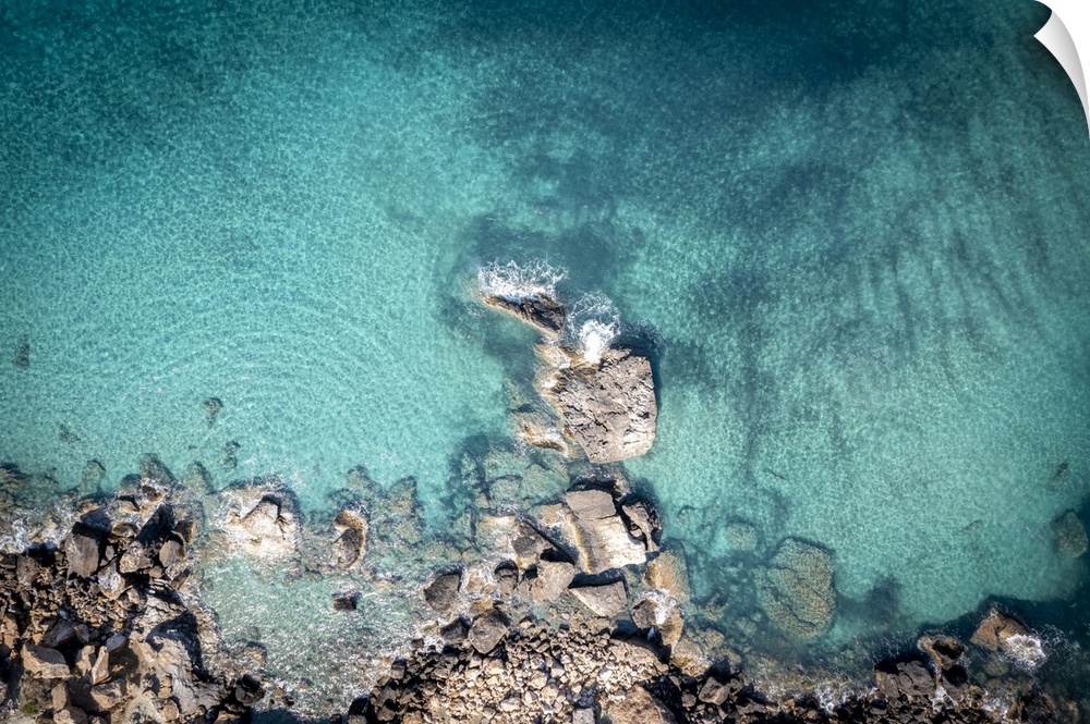 Directly above the blue aegean sea of Folegandros, Greek Islands, Greece.