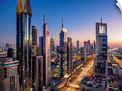 Dubai International Financial Centre At Dusk, Elevated View, Dubai, United Arab Emirates