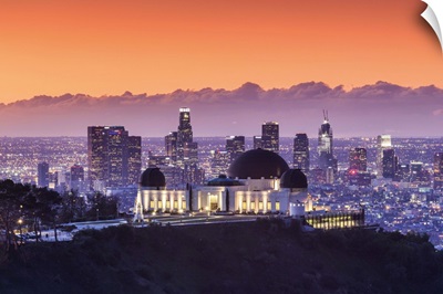 Elevated view of the Griffith Park Observatory and Downtown Los Angeles