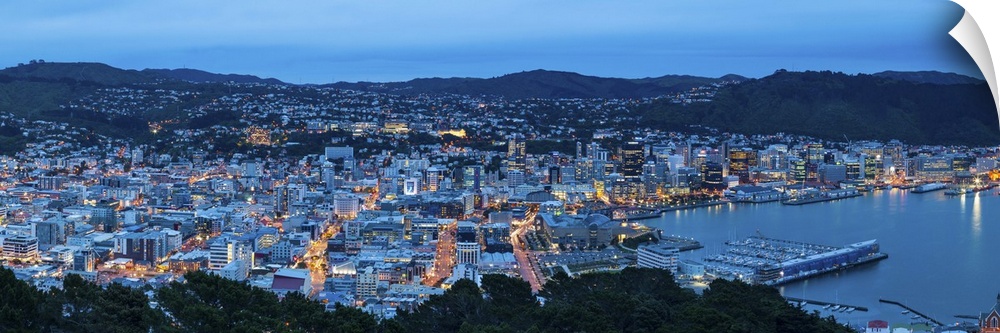 Elevated view over central Wellington illuminated at dusk, Wellington, North Island, New Zealand