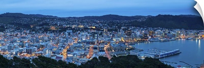 Elevated view over central Wellington illuminated at dusk, Wellington, New Zealand