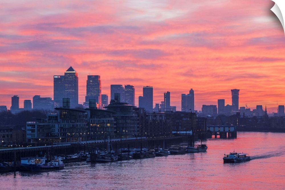 England, London, Sunrise Over Docklands and Canary Wharf.