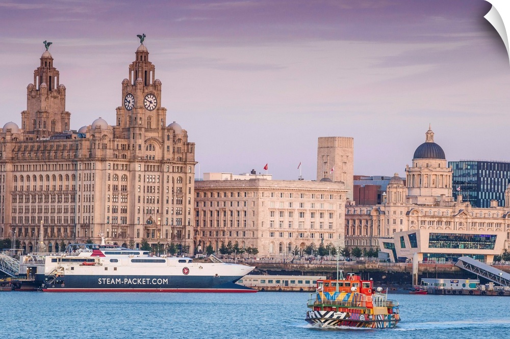 United Kingdom, England, Merseyside, Liverpool, Mersey ferry and Liverpool skyline, the only Dazzle ship in the UK.