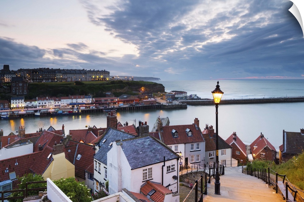 United Kingdom, England, North Yorkshire, Whitby. The harbour and 199 Steps.