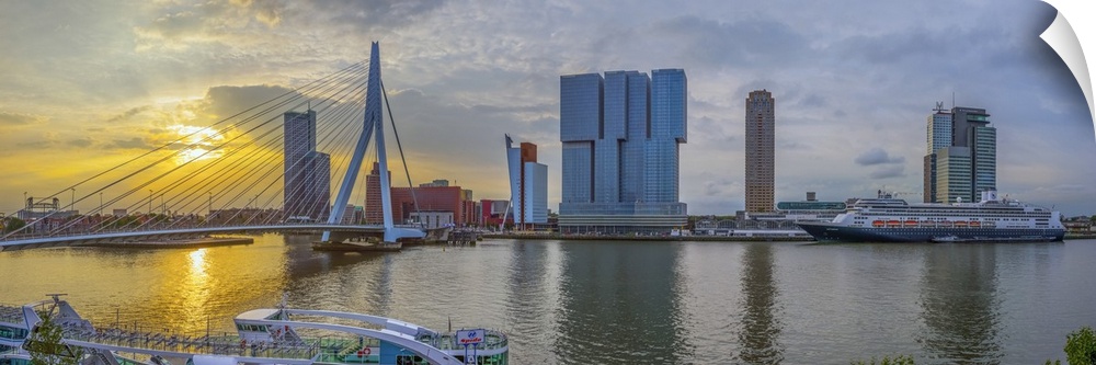Netherlands, South Holland, Rotterdam, Erasmusbrug, Erasmus Bridge and Wilhelminakade 137, De Rotterdam, The Rotterdam Bui...