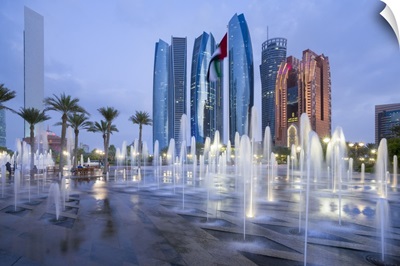 Etihad Towers time lapse viewed of the fountains of the Emirates Palace Hotel, Abu Dhabi