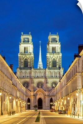 Facade Of Orleans Cathedral Seen Down Rue Jeanne d'Arc At Dusk, Orleans, Centre, France