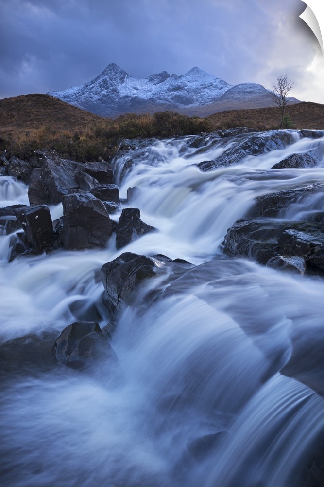 Waterfall on the River Sligachan with Sgurr nan Gillean mountain in the background, Isle of Skye, Scotland. Winter (November)
