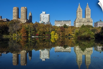 Fall foliage at Central Park with Upper West Side behind, Manhattan, New York